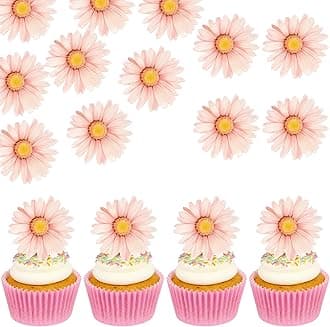 60 PCS Edible Daisy Cupcake Toppers Wafer Paper Daisy Cupcake Picks Edible Sunflower Birthday Party Decorations for Baby Shower Wedding Engagement Birthday Party Cake Food Decorations Supplies Pink