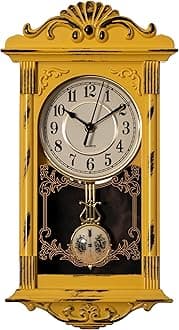 Clockswise Vintage Grandfather-Style Wall Clock with Wood-Effect Plastic Pendulum, Battery-Operated - for Home Decor, Living Room, Home Office, Kitchen or Dining Room – Yellow with Distressed Finish