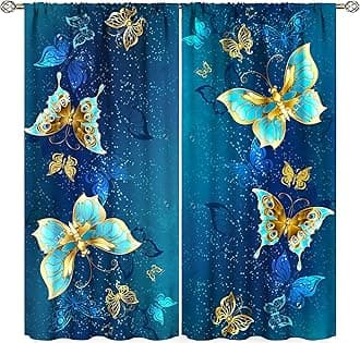Butterfly Curtain for Girls Bedroom Decor,Blue Irises Yellow Daisies Floral Background Print Window Drapes for Kids Living Room Kitchen Decor Thermal Insulated Blackout Curtains 84x84in