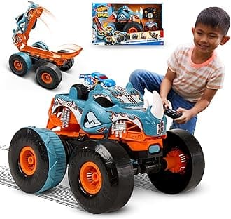 Hot Wheels Monster Trucks Remote Control Car, HW Transforming Rhinomite in 1:12 Scale with 1:64 Scale Race Ace Toy Truck, Converts into Launcher, Connects to Orange Track, HPK27