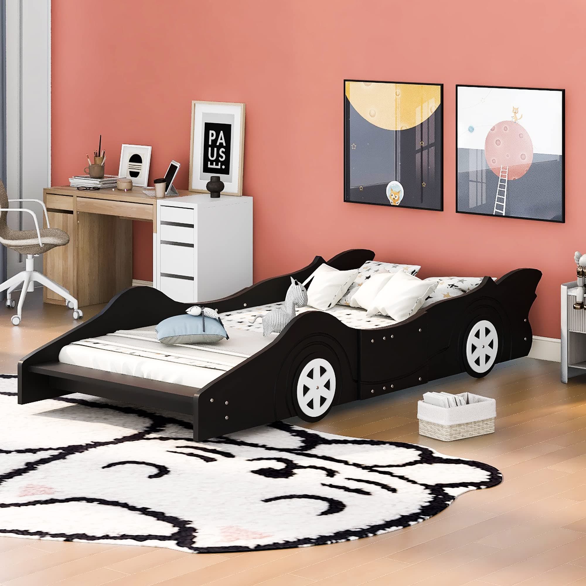 Race Car Bed Twin Size Platform Bed Frame, Car Shaped Bed with Wheels, Lightning McQueen Bed, Wood Twin Bed for Kids Boys & Girls, No Box Spring Needed (Black+White)
