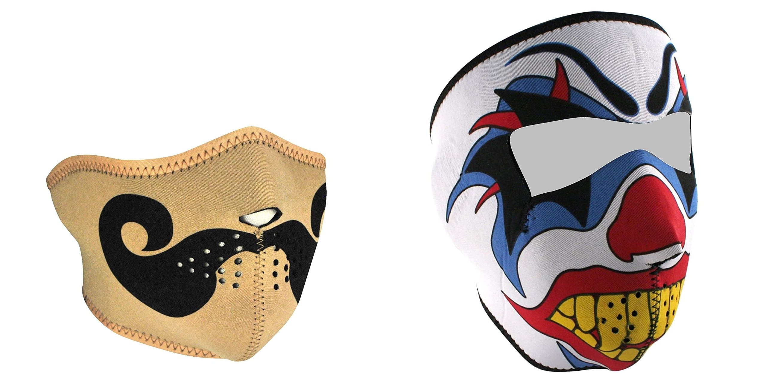 Bundle (2 Items): 1 ZanHeadgear 'Curly Mustache' Half Face Neoprene Face Mask -AND- 1 Zan 'Crazy Clown' Full Face Neoprene Face Masks, Ski Mask