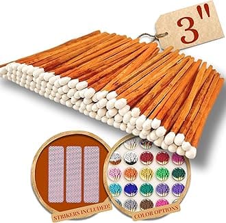 200 Count - 3" Long Brown/White Color Matches | Three Inch Coloful Loose Wooden Safety Match Sticks for Candle Display | Refill for Decorative Jar Holder Bottle | Strikers Included