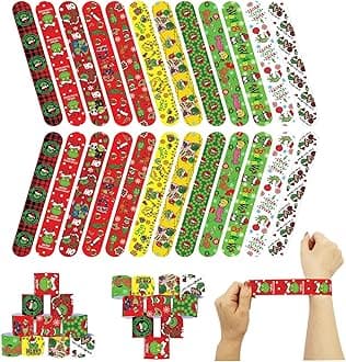 POPOYU 24Pcs Christmas Party Bags Fillers Kids Slap Bands,Christmas The Grinch Slap Bands Slap Bracelets Wristband Party Favours for Girls Boys Xmas Party Bag Fillers Birthday Classroom Gifts