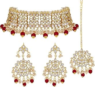 Elegant Indian Faux Kundan Studded Choker Necklace with Maang Tikka Set Ethnic Wedding Wear Bharatanatyam jewellery set Gift for Women
