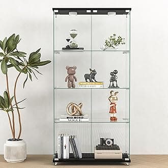 Modern Glass Display Cabinet 4-Shelf with LED Light, Lock and Wheels, 2 Door Curio Cabinets, Tempered Glass Collection Display Showcase for Living Room Home Office,Black