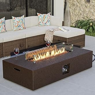 COSIEST 56-inch x 28-inch Outdoor Propane Fire Pit Coffee Table w Concrete Rectangle Base, CSA Certified, 50,000 BTU, Free Lava Rocks and RainCover, Fits 20lb Tank Outside, Wind Guard, Brown
