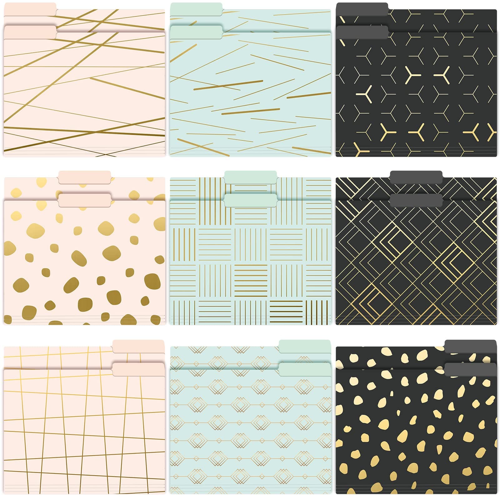 EOOUT 18 Pack Decorative File Folders, Geometric Gold File Folders, Colored Letter Size File Folders, 1/3-Cut Tabs, 9.5 x 11.5 Inch, for Office, School, Students