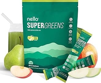 Nello Supergreens Superfood Drink Mix with Chlorella, Moringa, Spinach, Broccoli, Digestive Enzymes, and Probiotics – Apple Pear Flavor, 20 Servings, Travel Pack