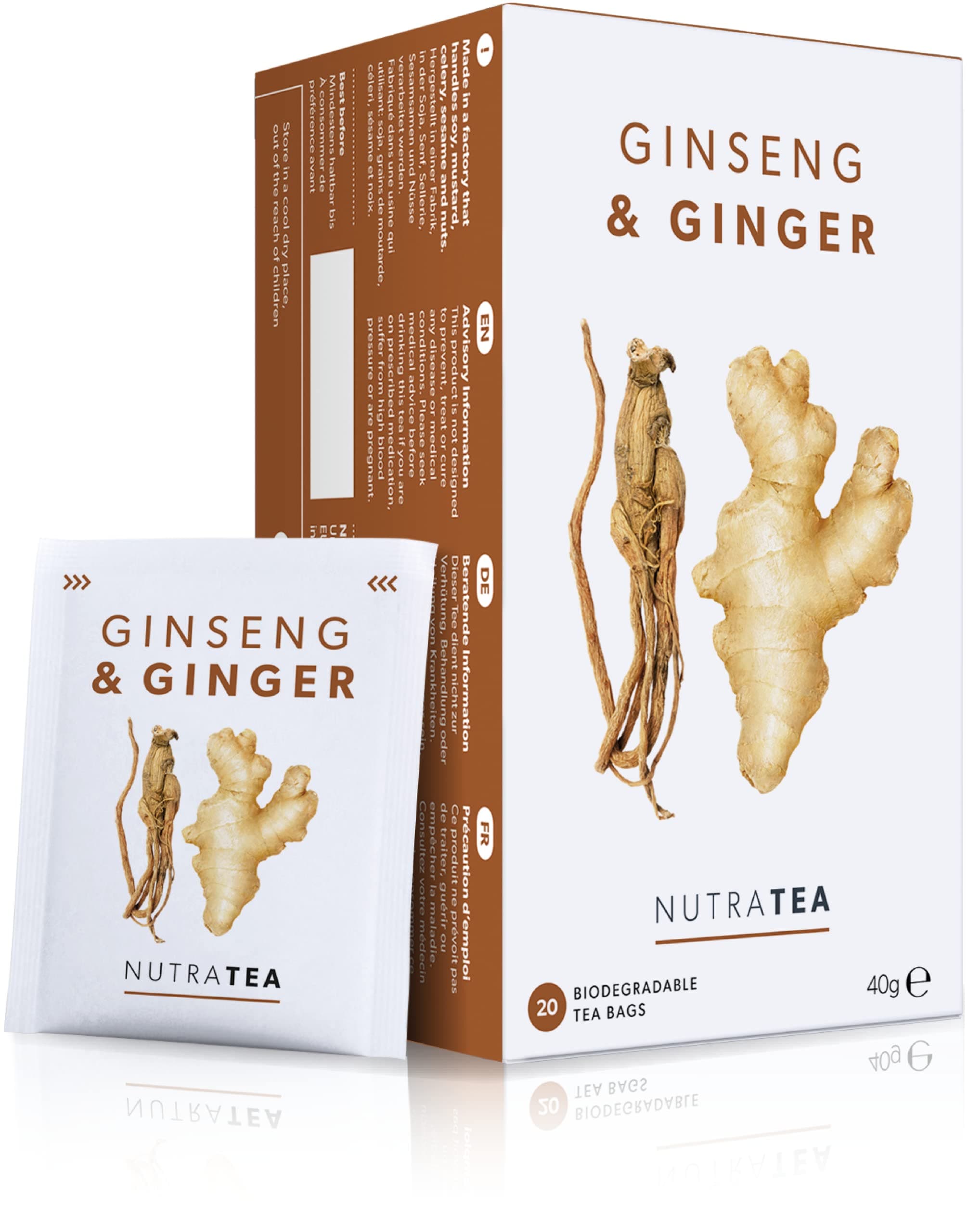 Ginger & Ginseng Tea | Ginger Tea - 50% Ginger & 50% Ginseng Herbal Infusion - Caffeine Free, Natural Herbal Blend - 20 Individually Wrapped, Reusable Tea Bags (1 Pack)