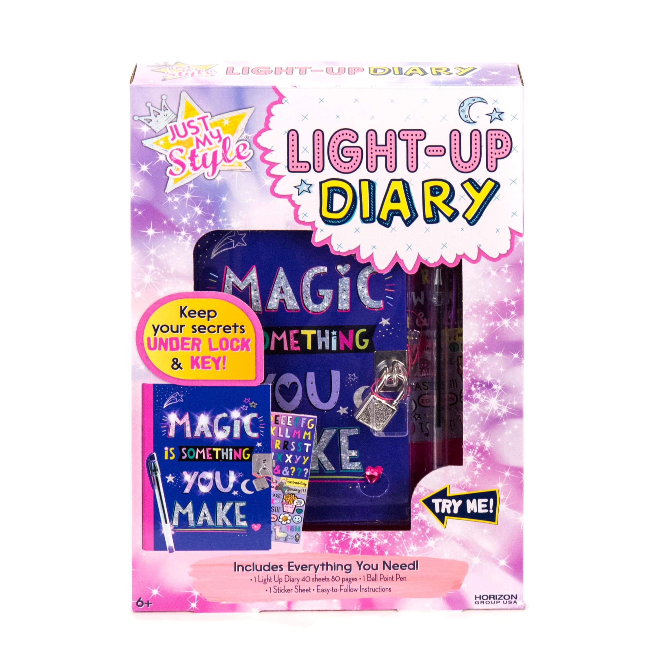 Just My Style Light Up Diary, Personalized Journal With Lock and Key, Great Gift For Girls & Tweens, Perfect for Summer Camp or Sleep-Away Camp, Gel Pen Diary For Kids Ages 6, 7, 8, 9(Packaging May Vary)