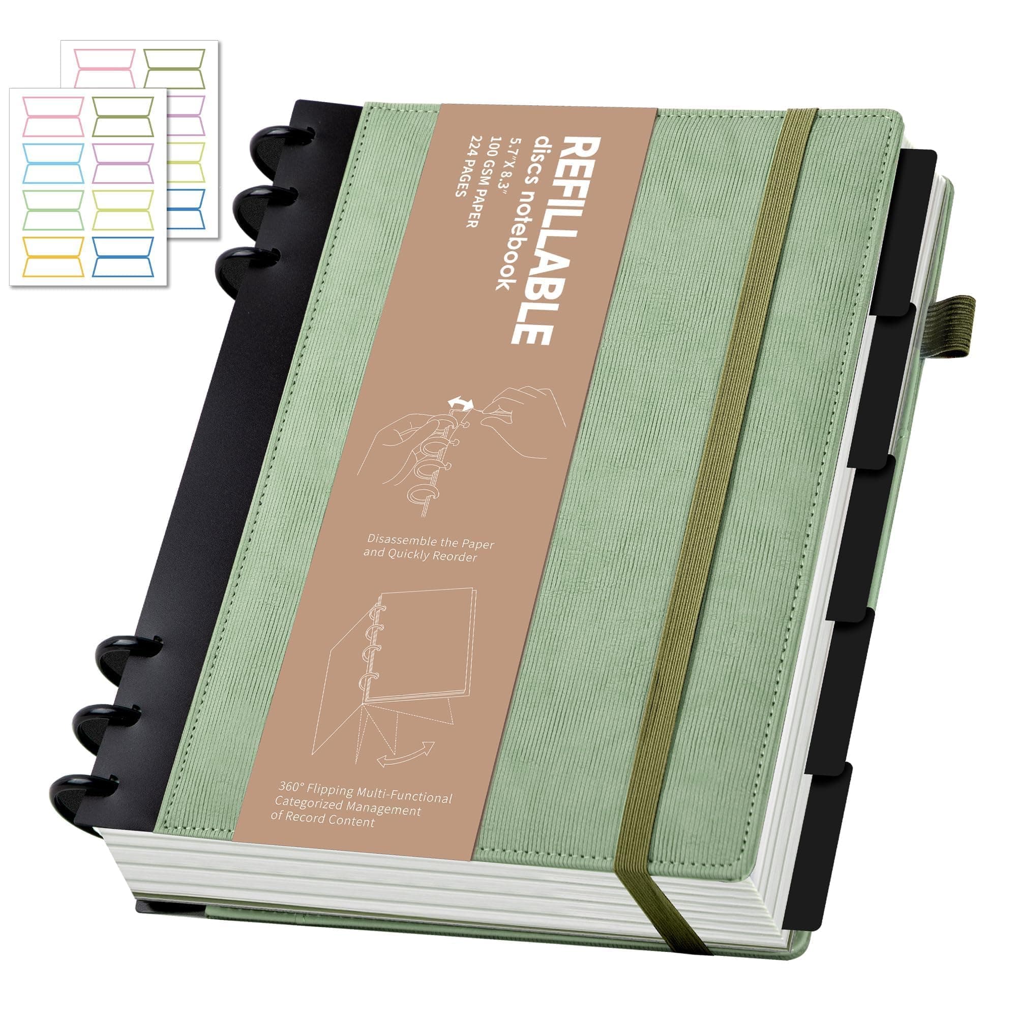 Leather Journal Notebooks for Work Refillable 224 Page 100 GSM Thick 5 Subject Notebook with Removable Dividers Tabs Hardcover Notebook for School Note Taking Teachers Women Men 6.1 x 8.3,Green