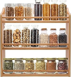 3-Tier Bamboo Spice Rack, 15.74" L x 5.11" W x 16.53" H, Wood Spice Jars Holder, Seasoning Rack Spice Bottle Shelf Organizer for Kitchen Countertop or Wall Mounting