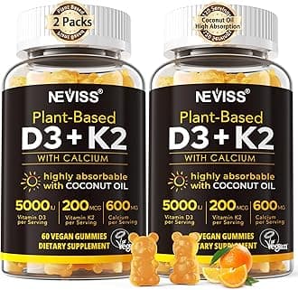 Vitamin D3 5000iu & K2( as MK7 ) 200mcg Gummies + 600mg Calcium, with Coconut Oil for High Absorption, Maximum Strength Vitamin D3 K2 Supplement - Support for Bones Muscle Teeth Immune, Vegan 2Packs