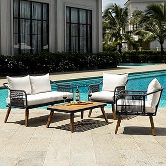 Serene Patio Conversation Sets, 800lbs Capacity FSC Certified Acacia Wood Outdoor Furniture with 3.9in Thick Soft Cushions, 4 Pieces Modern Rope_Cream Opal