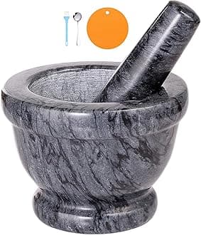 Mortar and Pestle Marble Set for Spices Pestos Seasonings Pastes Guacamole Herb Bowl 2Cup Easy to Clean Included:Silicone Mat,Brush,Stainless Steel Spoon (Large Trophy,Black Gray)