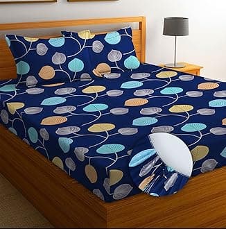 BSB HOME Premium Cotton Feel Elastic Fitted Bedsheets with 2 King Size Pillow Covers | Double Bed with All Around Elastic 180 TC Supersoft | Size - 72 x 78 + 10 inches | Blue & Yellow
