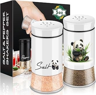holoith Panda Salt and Pepper Shakers Set,5 oz Glass Bottom Salt Pepper Shaker with Stainless Steel Lid Kitchen Decor and Accessories Refillable Design(Panda Eatting)
