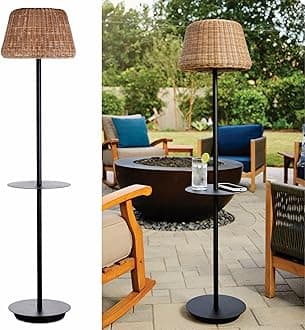 Solar Outdoor Floor Lamp with Table - Cordless Outdoor Floor Lamp - Patio, Porch, Garden - Rattan Wicker Lights for Outside - Waterproof, Rechargeable, Weatherproof