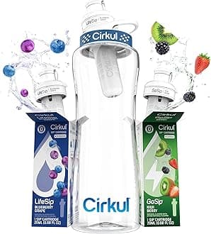 Cirkul 32oz. BPA-Free Plastic Water Bottle Starter Kit with Navy Lid, 2 Flavor Cartridges (1 LifeSip Blueberry Grape, 1 GoSip Kiwi Berry) Zero Calories and No Sugar