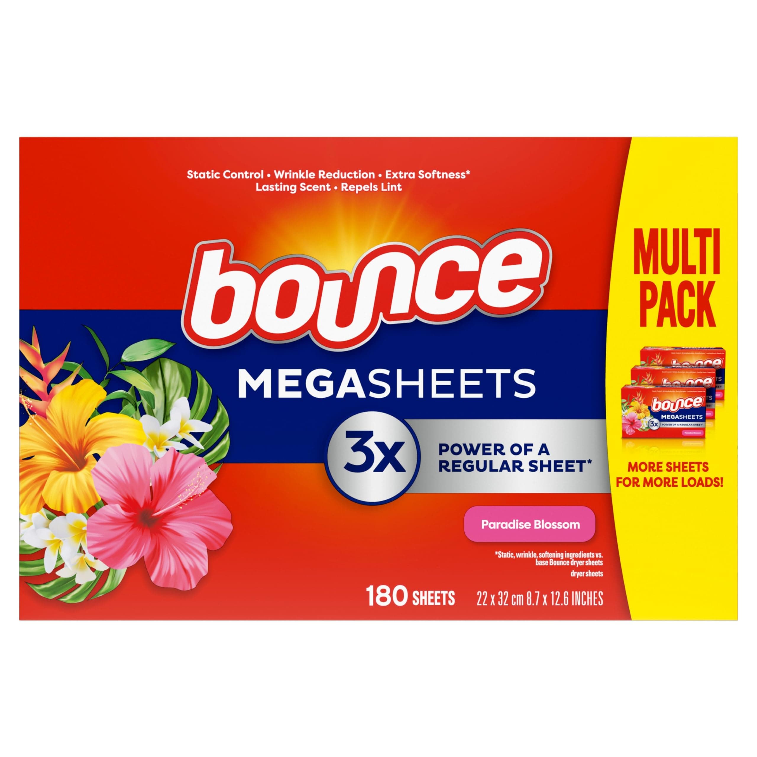 Bounce Mega Dryer Sheets, Paradise Blossom, 180 Count, Mega Fabric Softener Sheets with Static Control, Wrinkle Reduction, Extra Softness, Lasting Scent, Repels Lint