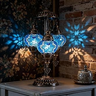 Mozaist Turkish Mosaic Lamp – Moroccan Handmade 3 Globe Table Light with Bulb (Sea Blue)