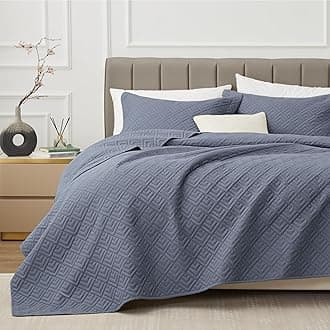 EXQ Home Quilt Set Full/Queen Size Blue 3 Piece,Lightweight Soft Coverlet Modern Style Squares Pattern Bedspread Set for All Season(1 Quilt,2 Pillow Shams)