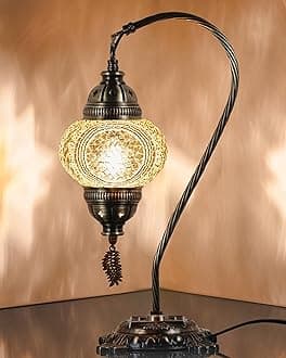 DEMMEX Turkish Moroccan Mosaic Table Lamp–Handcrafted Tiffany-Style Colorful Glass Swan Neck Bedside, Desk Light, Boho Artisan Accent Lighting for Bedroom, Living Room–38cm H, Gold
