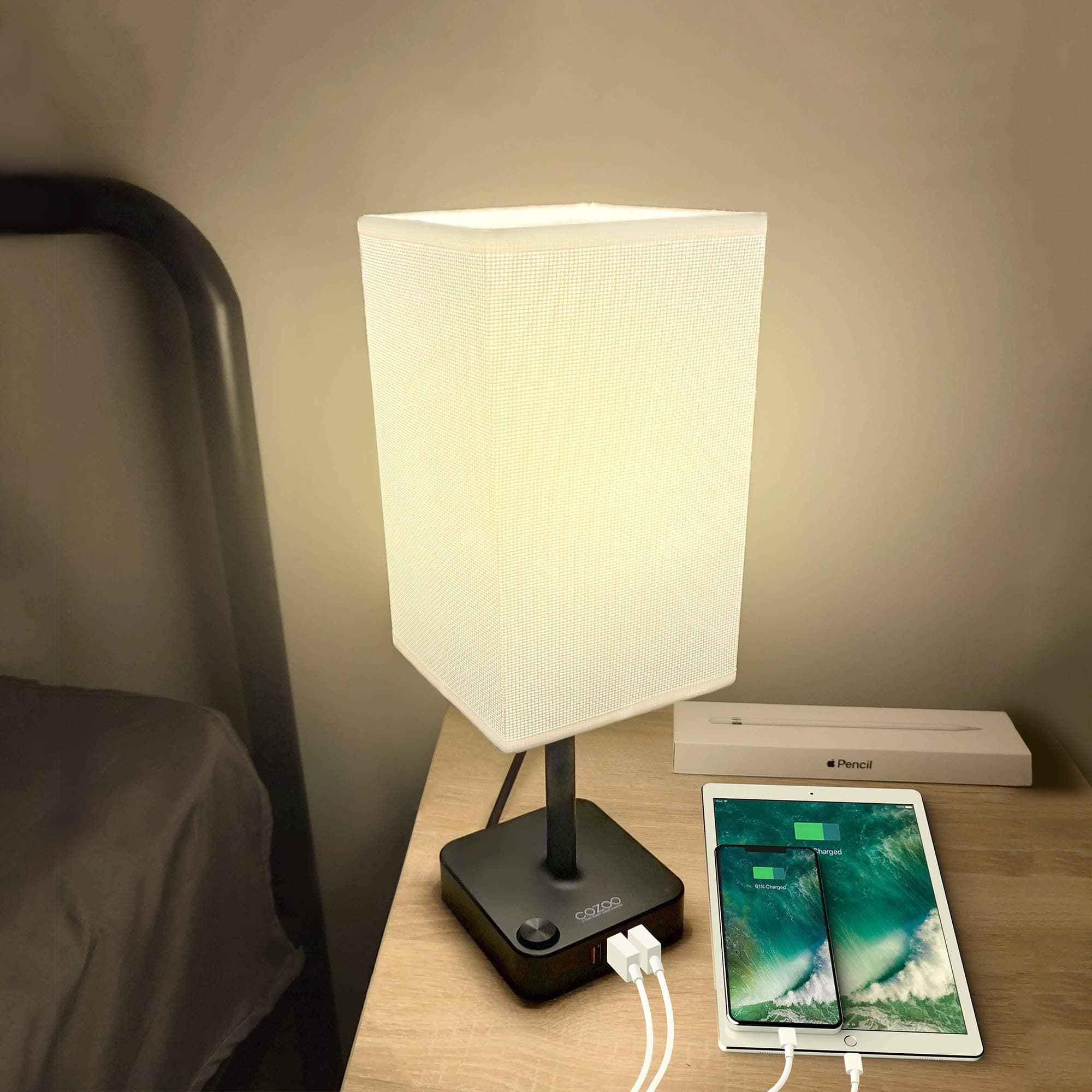 COZOO USB Bedside Table Desk Lamp with 3 USB Charging Ports,Black Charger Base with White Fabric Shade, LED Light for Bedroom/Nightstand/Living Room/Office/Desktop