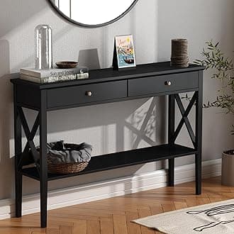 ChooChoo 47" Console Table with Drawers, Narrow Wood Accent Sofa Table Entryway Table with Storage Shelf for Entryway, Front Hall, Hallway, Living Room, Black