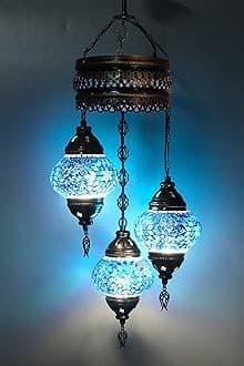 Asylove Turkish Ceiling Lamp, Mosaic Pendant Lamp Turkish Chandeliers 3 Globe Moroccan Ceiling Lighting Art Deco Brillant Fixture, 5 inc Globe - Total Dimensions 14x14x35 inch (Blue)
