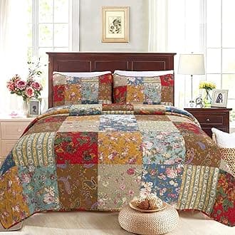 Cozy Line Home Fashions Ryleigh Floral Print Real Plaid Patchwork, 100% Cotton Reversible Coverlet, Bedspread Quilt Bedding Set (Khaki/Red, Queen - 3 Piece)