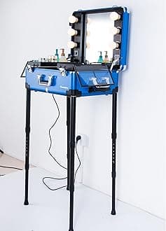 Kemier Makeup Case,Professional Artist Studio Cosmetic Train Table w/4 Rolling Wheels & Lights & Mirror,Pro Makeup Station,Cover Board and Easy Clean Extendable Trays,Adjustable Legs,Sturdy (Blue)