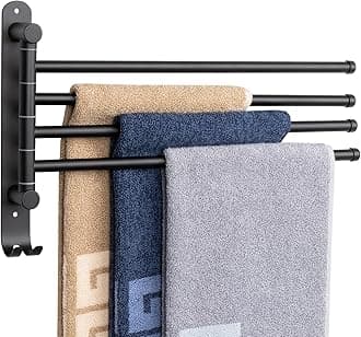 NearMoon Swivel Towel Rack, Thicken SUS304 Stainless Steel 4-Arm Towel Bar, Space Saving Wall Mounted Towel Holder with Hook, Rustproof Swing Out Towel Hanger for Bathroom, Kitchen (Matte Black)
