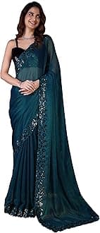 TRENDMALLS Women's Chiffon Sequin Embroidery Cut Work Border Saree with Unstitch Blouse Piece (K1062-Morpeach)