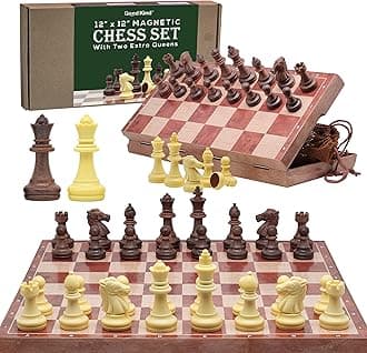 Magnetic Travel Chess Set for Kids and Adults. Portable 12" x 12" Chess Board Game for Beginner & Advance Players. Chess Sets for Adults with 2 Extra Queens & 2 Storage Bags for Chess Pieces.
