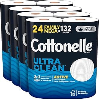 CottonelleUltra Clean Toilet Paper with Active CleaningRipples, 1- Ply, 24 Family Mega Rolls (4 Packs of 6) (24 Family Mega Rolls= 132 Regular Rolls), 388 Sheets per Roll, Packaging May Vary