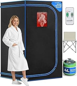 SereneLife Portable Sauna Box for Home, Steam Sauna Tent with Extra Large 4L Steamer - Includes Folding Sauna Chair, Remote Control w/ 9 Heat Levels for in-Home Spa - 2.9' x 2.9' x 5.9'