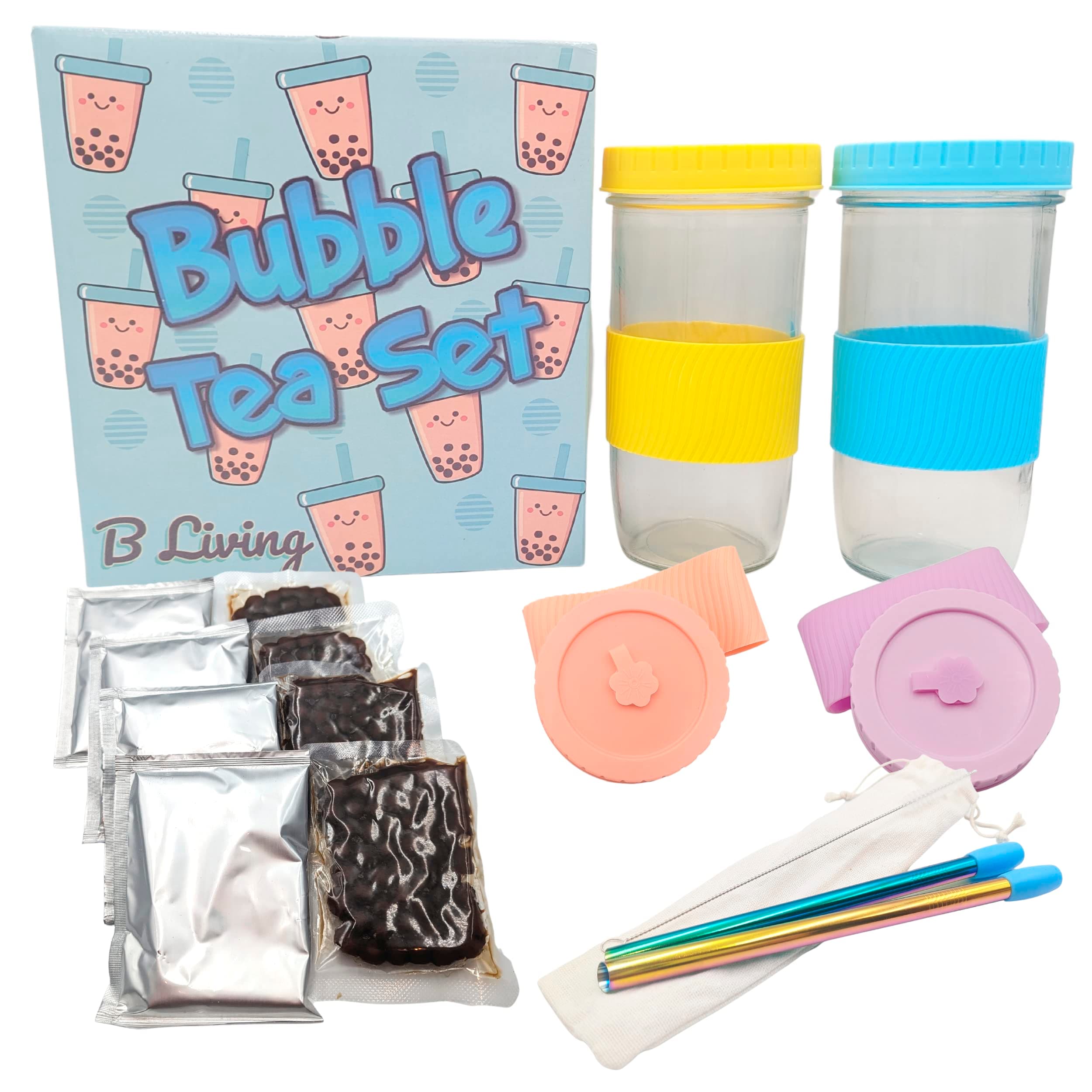 Bubble Tea Kit Gift Set - Bubble Tea Cups With Lids, Straws, Boba Pearls, Boba Tea Powder, Spare Bubble Tea Cup Lids & Boba Tea Kit Accessories. Complete Make Your Own Bubble Tea Kit/Boba Kit