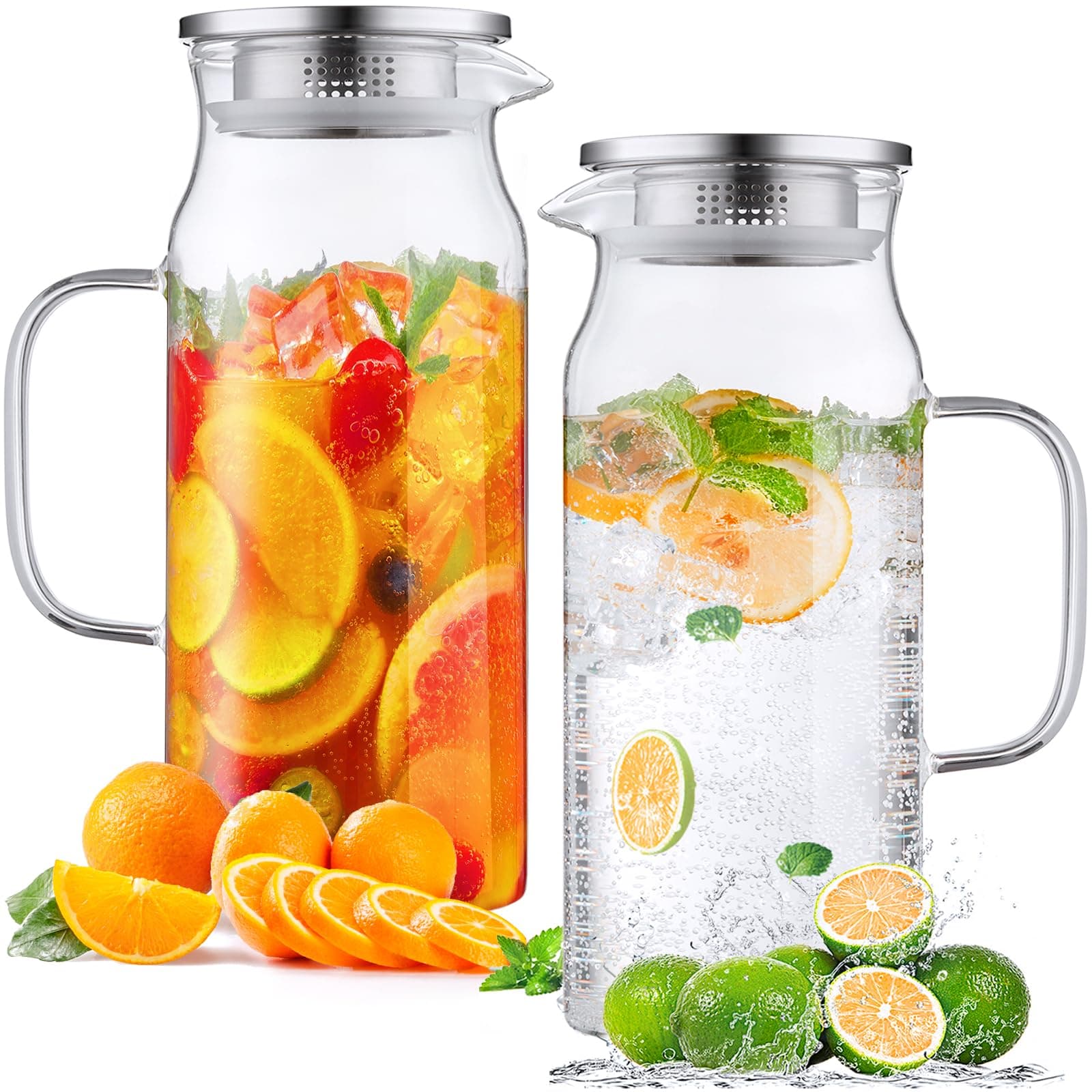 2 Pack 2 Liter 68 oz 2.1 Qt Glass Pitcher with Lid and Handle, Water Pitcher for Fridge, Glass Carafe for Hot/Cold Water, Large Iced Tea Pitcher for Coffee, Juice and Homemade Beverage