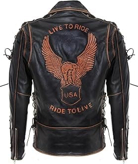 Mens Vintage Black Brando “Live to Ride” Embossed Eagle Leather Biker Motorcycle Jacket