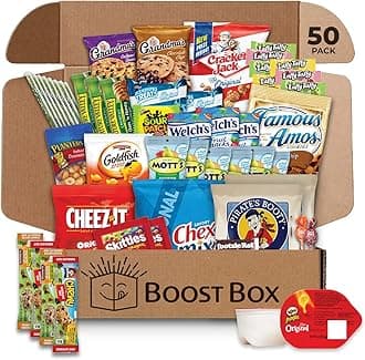 BOOST BOX (50 Count) Premium Snack Boxes, Care Packages & Gifts Baskets for Kids Variety Pack Mix Gift Sampler Chips Cookies Candy Treats Office Staff Military Adults Kids College Students Birthday Recognition
