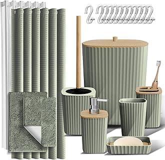 Clara Clark Bathroom Accessories Set - Bathroom Accessory Set with Shower Curtain Set, Toilet Brush, Trash Can & Soap Dispenser & Rugs (Sage Green, Complete Set + Bath Rugs)