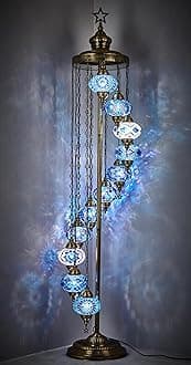 DEMMEX 11 Globe Turkish Moroccan Mosaic Floor Lamp, 7ft Tall - Tiffany Style Standing Decorative Boho Lamp with Colorful Globes for Bedroom, Living Room, Entryway – Handmade in Turkey, Blue