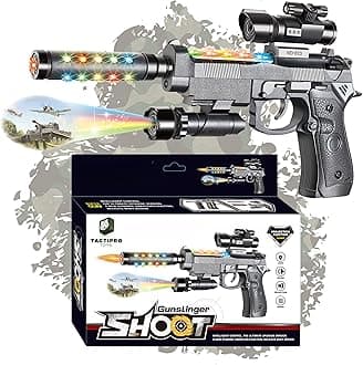 Toy Gun for kids great for Police Costume accessories, Army Soldier Military fancy dress pretend play. This durable plastic toy Gun Pistol emits sounds lights, movement & vibrates for hours of fun