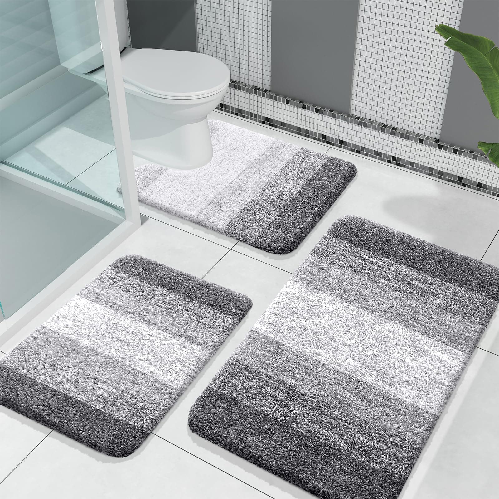 Bathroom Rugs Sets 3 Piece, Soft Absorbent Microfiber Bath Mats and U-Shaped Contour Toilet Rug, Machine Wash Dry, Plush Shaggy Bath Mat Set for Bathroom (30"x20"+24"x16"+24"x20", Grey)