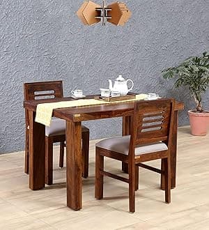 Furinno Sheesham Wood 2 Seater Dining Table for Living Room Home Hall Hotel Dinner Restaurant Wooden Dining Table Dining Room Set Dining Table with 2 Cushioned Chairs Furniture for Home (Teak Finish)