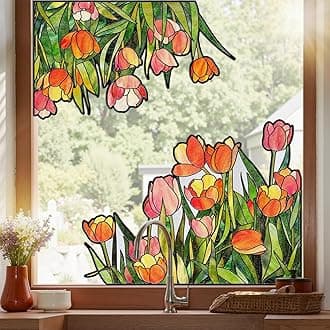 Window Stickers, ‌Stained Glass Window Privacy Film, UV Blocking Static Cling for Home Kitchen Office Bathroom, Tulip, 17.7" X 31.5"