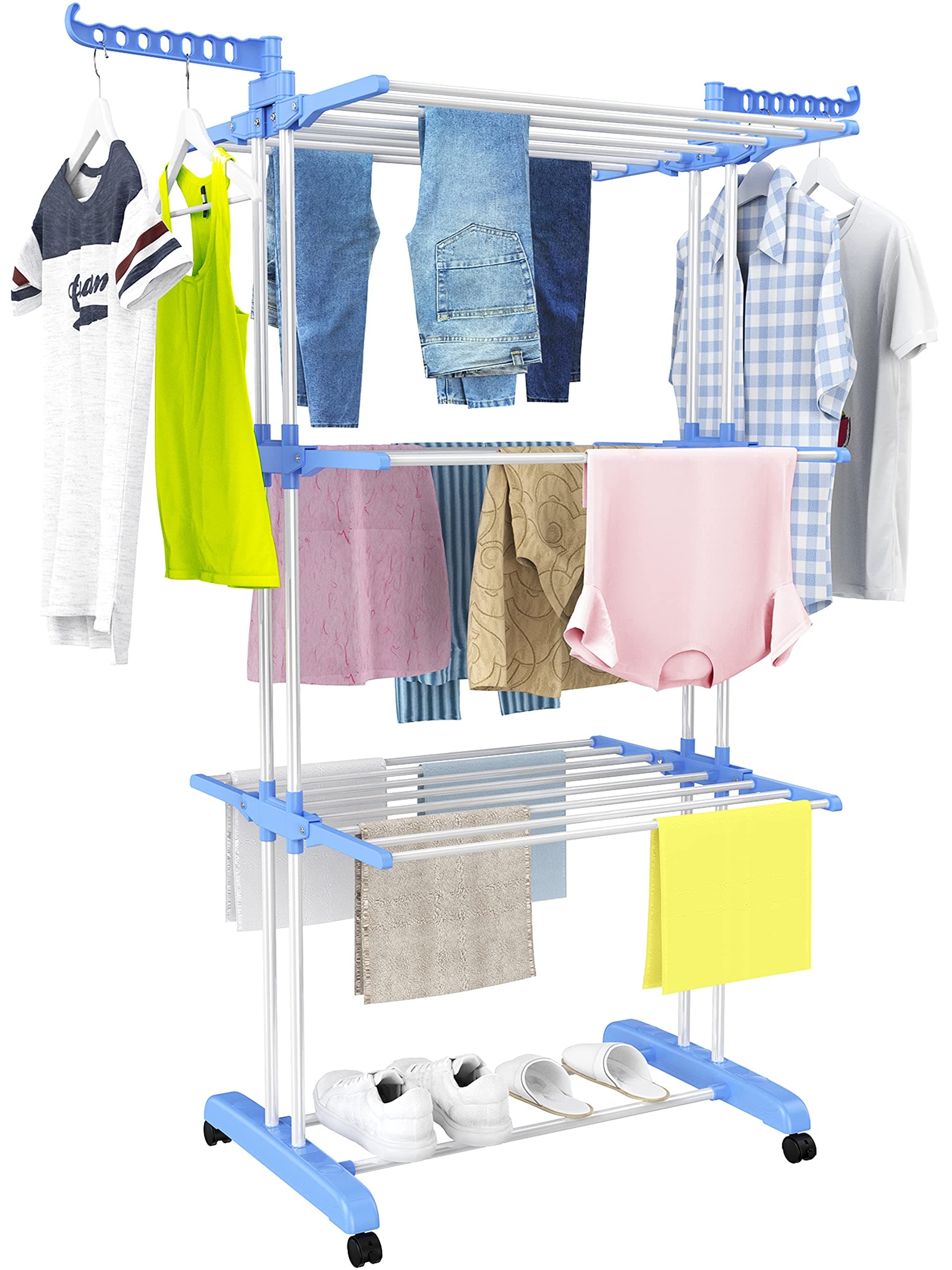 HOMIDEC Clothes Drying Rack, Large 4-Tier Foldable Drying Rack Clothing(67.7H x 19.7W x 30L Inches), Movable Drying Rack with 4 castors. Multifunctional Stainless Steel Laundry Drying Rack, Blue