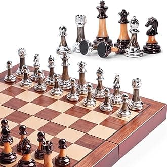 Chess Set Large 16''/42cm Folding Wooden Board with Deluxe Weighted Acrylic Chess Pieces - 3.5" King with Storage Slots for Adults House Warming Retirement Gift